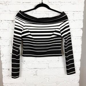 N/Nicholas Black White Striped Off Shoulder Boatneck Cowl Long Sleeve Blouse 2